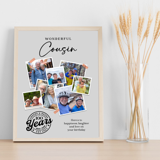 Photo Collage 100th Birthday Custom Gift For Cousin 7-Photo Grey Print Or Canvas