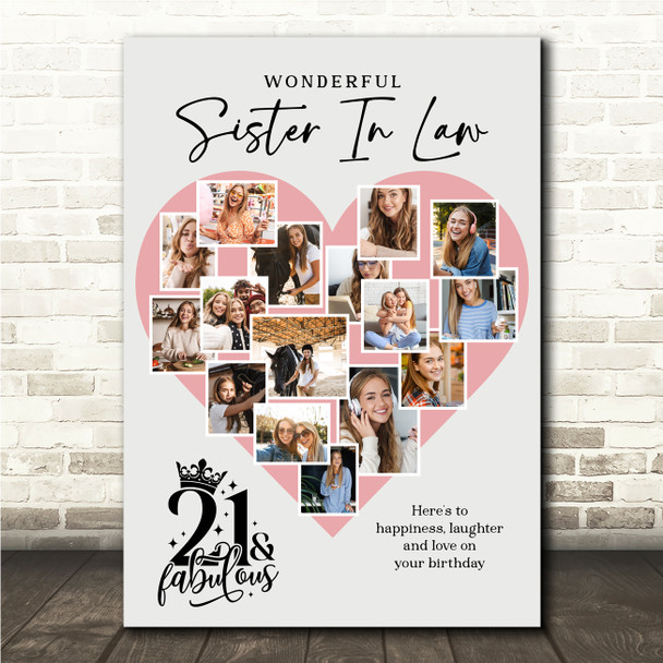 Photo Collage 21st Birthday Gift For Sister-In-Law 16-Photo Pink Print Or Canvas