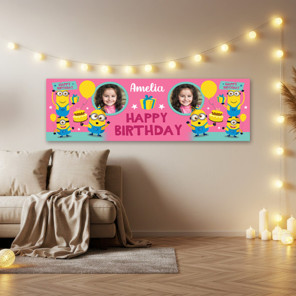 Personalised Party Banner For Birthday With Photo Girls Minions Kids