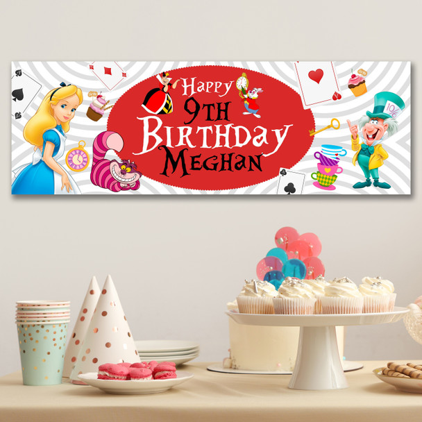 Personalised Party Banner For Kids Birthday Girls Alice In Wonderland Any Age