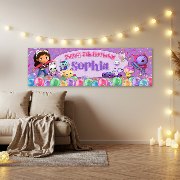 Personalised Party Banner For Kids Birthday Girls Gabby's Dollhouse Balloons