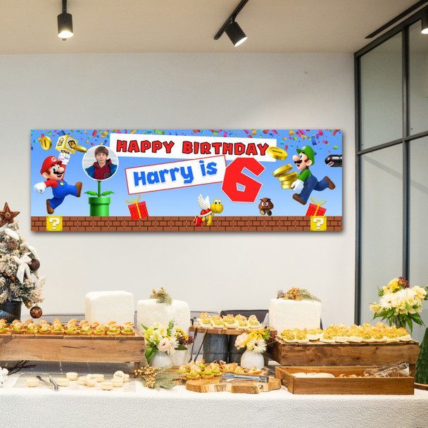 Personalised Party Banner For Kids Birthday Mario Bross With Photo Any Age