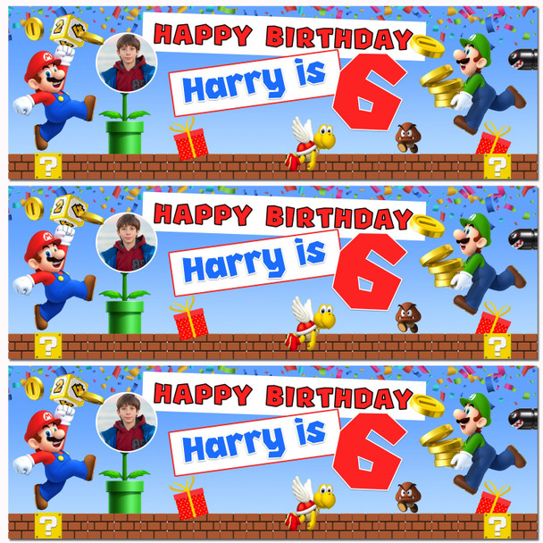 Personalised Party Banner For Kids Birthday Mario Bross With Photo Any Age
