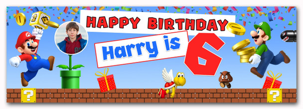 Personalised Party Banner For Kids Birthday Mario Bross With Photo Any Age