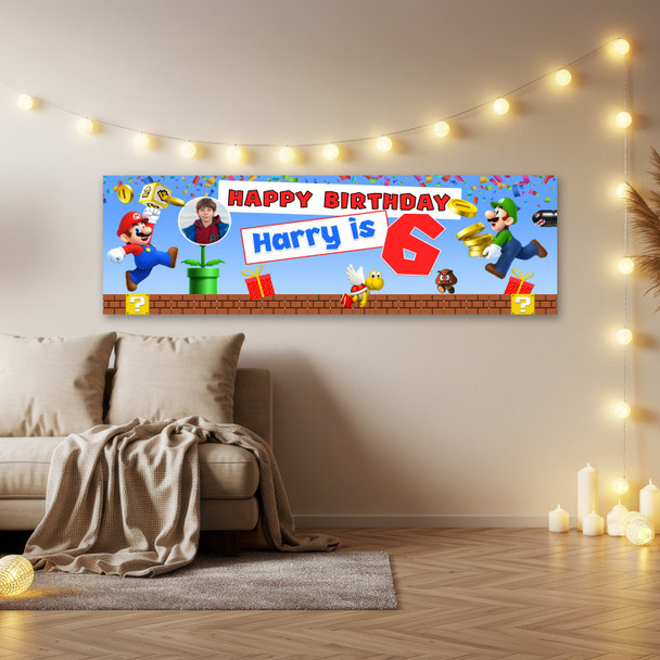 Personalised Party Banner For Kids Birthday Mario Bross With Photo Any Age