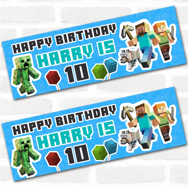Personalised Party Banner For Kids Birthday Minecraft Blue Any Age