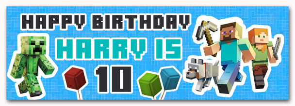 Personalised Party Banner For Kids Birthday Minecraft Blue Any Age