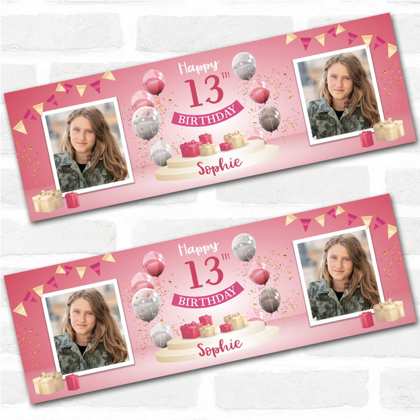 Personalised Party Banner For 13th Birthday With Photo Female Pink Balloon Gift