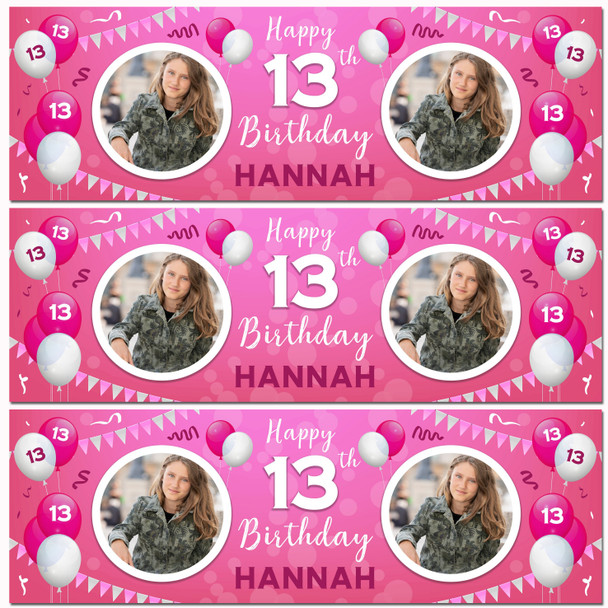 Personalised Party Banner For 13th Birthday With Photo Female Pink Balloons
