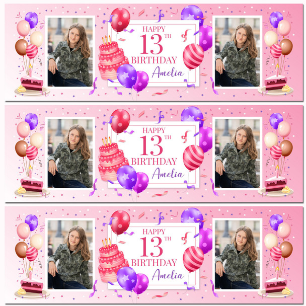 Personalised Party Banner For 13th Birthday With Photo Female Pink Cake