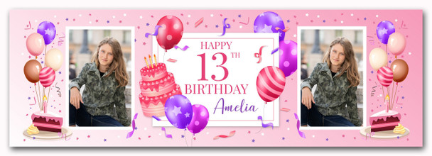 Personalised Party Banner For 13th Birthday With Photo Female Pink Cake