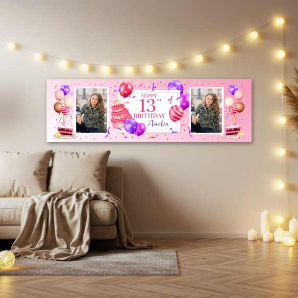 Personalised Party Banner For 13th Birthday With Photo Female Pink Cake