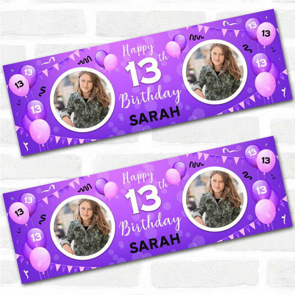 Personalised Party Banner For 13th Birthday With Photo Female Purple Balloons