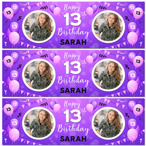 Personalised Party Banner For 13th Birthday With Photo Female Purple Balloons