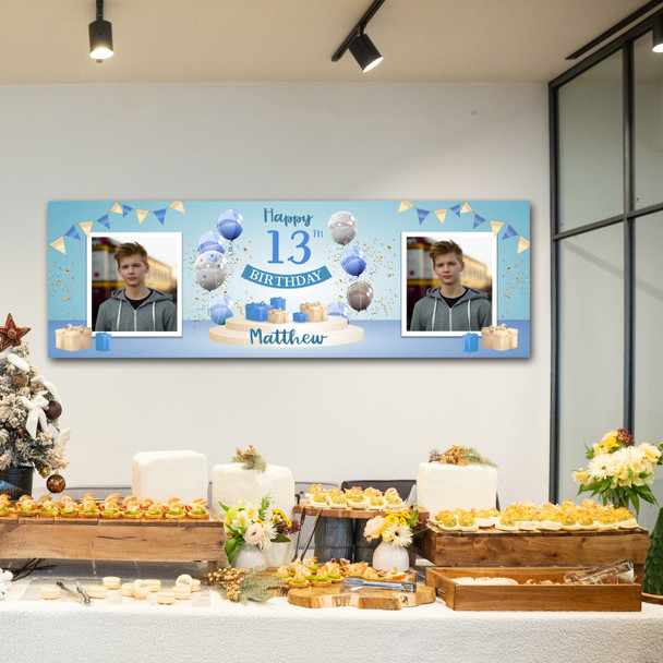 Personalised Party Banner For 13th Birthday With Photo Male Blue Balloon Gift