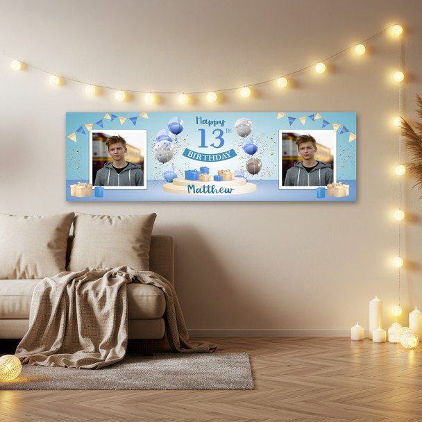 Personalised Party Banner For 13th Birthday With Photo Male Blue Balloon Gift