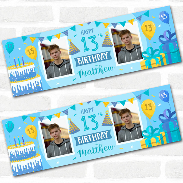 Personalised Party Banner For 13th Birthday With Photo Male Blue Cake Gift
