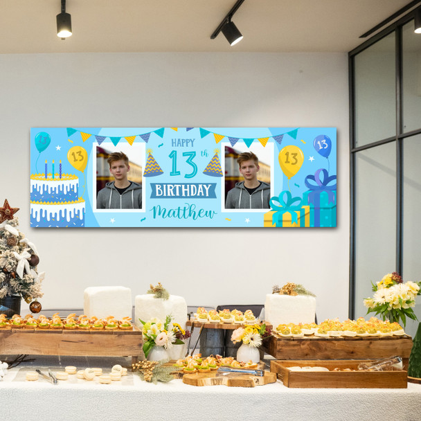 Personalised Party Banner For 13th Birthday With Photo Male Blue Cake Gift