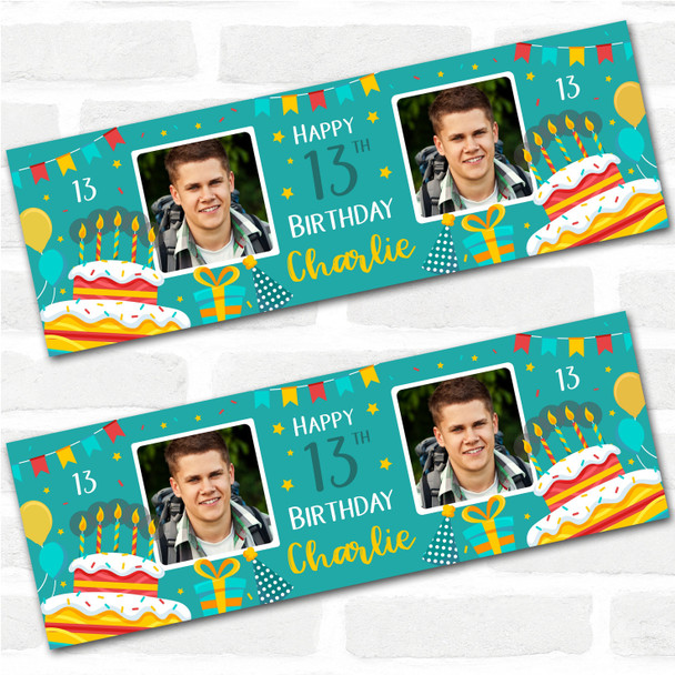 Personalised Party Banner For 13th Birthday With Photo Male Turquoise Cake