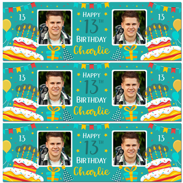 Personalised Party Banner For 13th Birthday With Photo Male Turquoise Cake