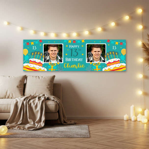 Personalised Party Banner For 13th Birthday With Photo Male Turquoise Cake