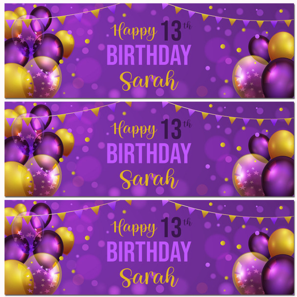 Personalised Party Banner For 13th Birthday Purple Gold Balloons