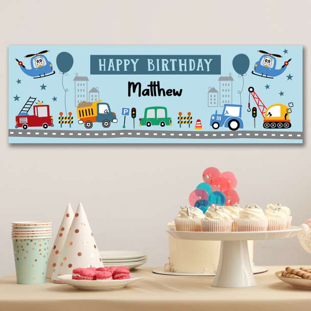 Personalised Party Banner For Birthday Boys Car Lorry Vehicles Kids