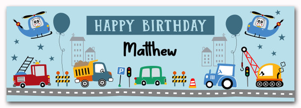 Personalised Party Banner For Birthday Boys Car Lorry Vehicles Kids
