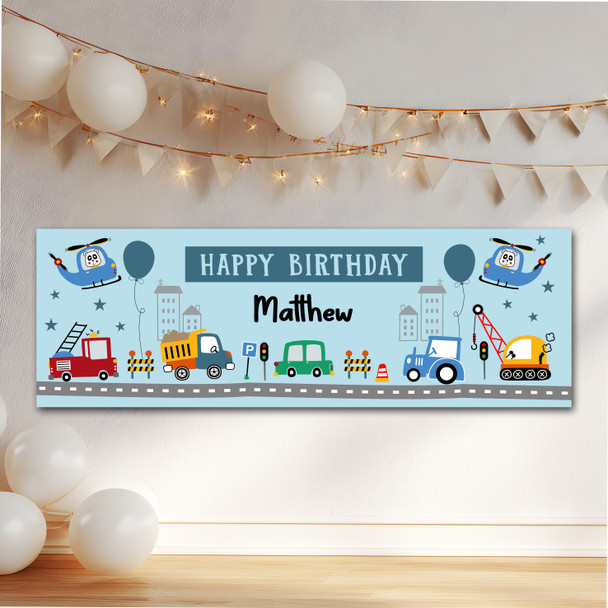 Personalised Party Banner For Birthday Boys Car Lorry Vehicles Kids