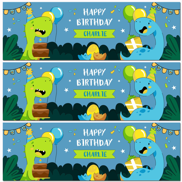 Personalised Party Banner For Birthday Boys Dinosaur Blue Kids