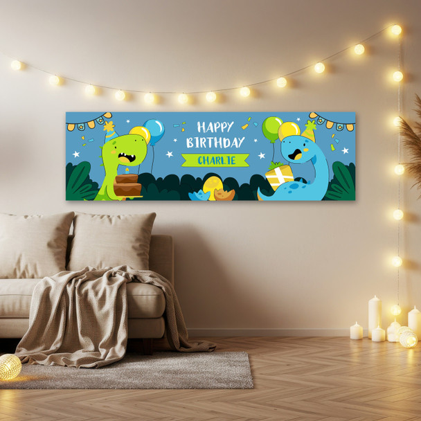 Personalised Party Banner For Birthday Boys Dinosaur Blue Kids