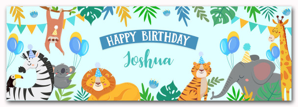 Personalised Party Banner For Birthday Boys Jungle Animals Kids