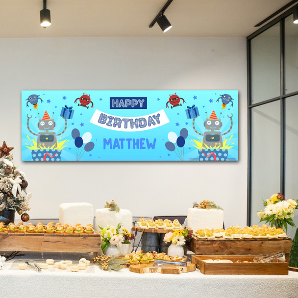 Personalised Party Banner For Birthday Boys Robot Blue Kids