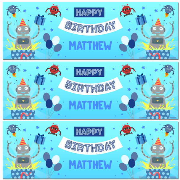 Personalised Party Banner For Birthday Boys Robot Blue Kids