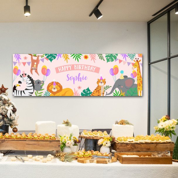Personalised Party Banner For Birthday Girls Jungle Animals Kids