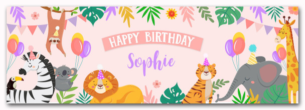 Personalised Party Banner For Birthday Girls Jungle Animals Kids