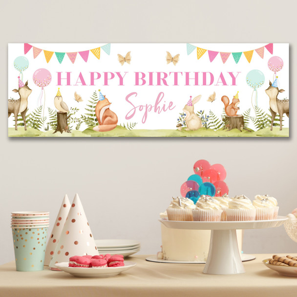 Personalised Party Banner For Birthday Girls Woodland Animals Kids