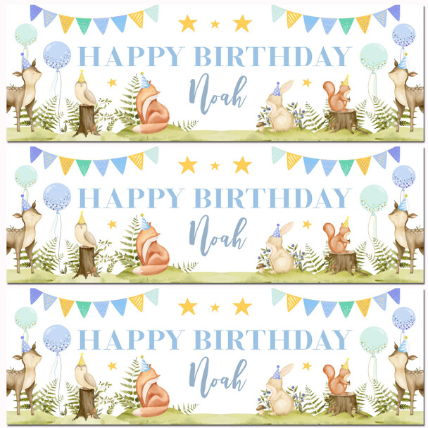 Personalised Party Banner For Birthday Male Woodland Animals