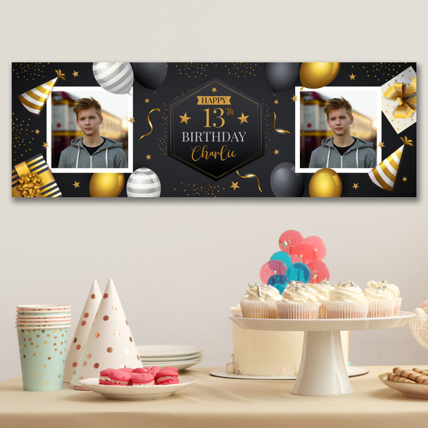 Personalised Party Banner For 13th Birthday With Photo Male Gold Black Balloons