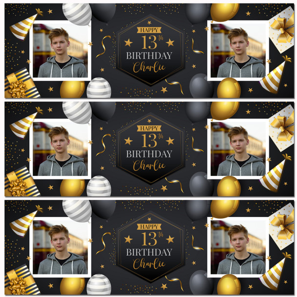Personalised Party Banner For 13th Birthday With Photo Male Gold Black Balloons