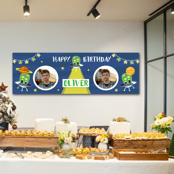Personalised Party Banner For Birthday Photo Boys Aliens Ufo Space Blue Kids