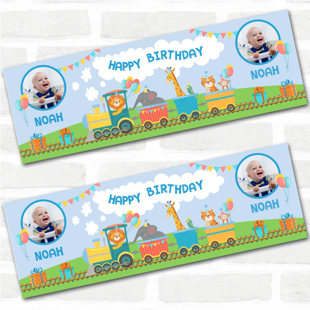 Personalised Party Banner For Birthday With Photo Boys Train Blue Kids