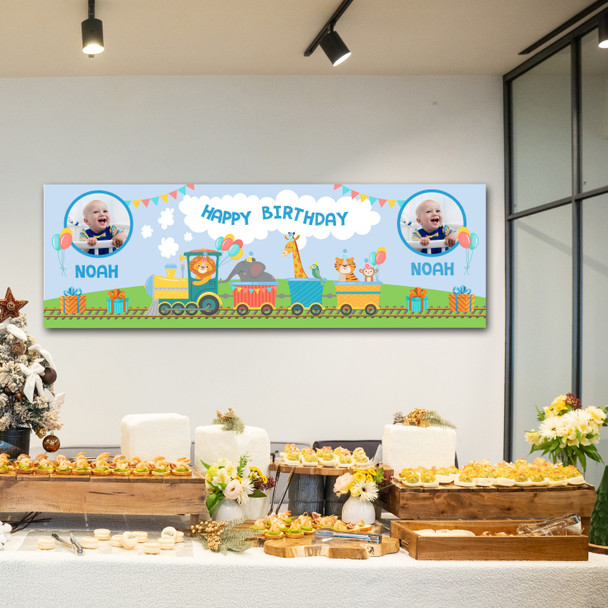 Personalised Party Banner For Birthday With Photo Boys Train Blue Kids