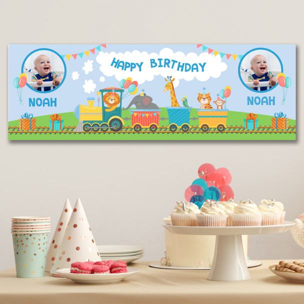 Personalised Party Banner For Birthday With Photo Boys Train Blue Kids