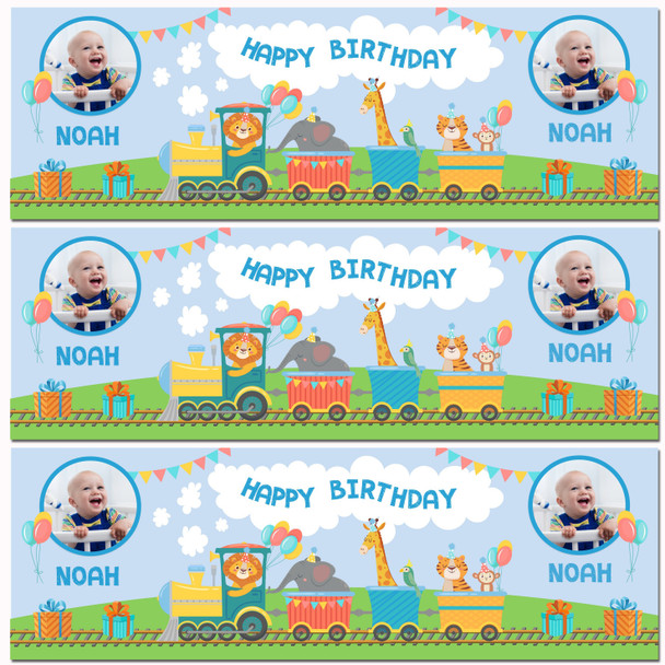 Personalised Party Banner For Birthday With Photo Boys Train Blue Kids