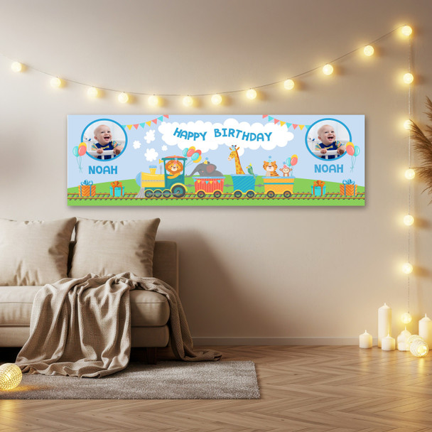 Personalised Party Banner For Birthday With Photo Boys Train Blue Kids