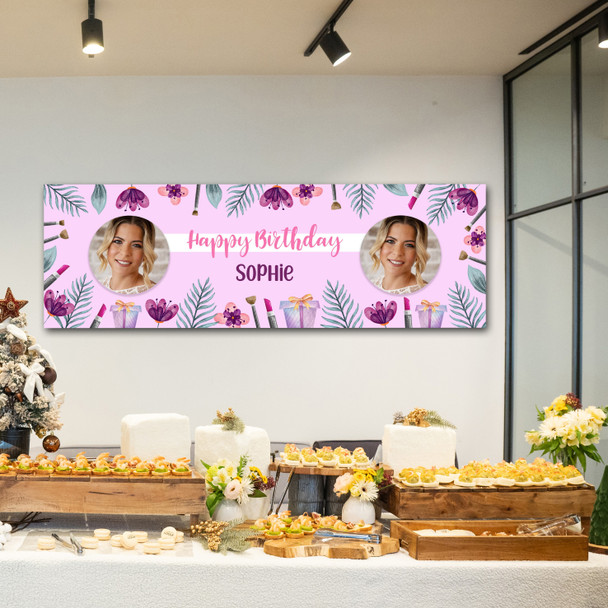 Personalised Party Banner For Birthday With Photo Beauty Lipstick Make Up Purple