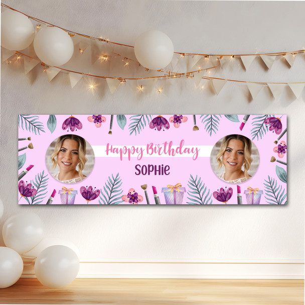 Personalised Party Banner For Birthday With Photo Beauty Lipstick Make Up Purple
