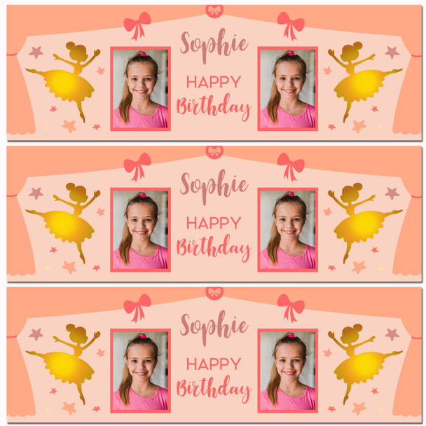 Personalised Party Banner For Birthday With Photo Girls Ballerina Gold Kids