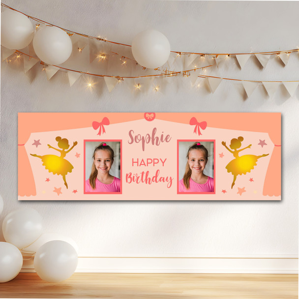 Personalised Party Banner For Birthday With Photo Girls Ballerina Gold Kids